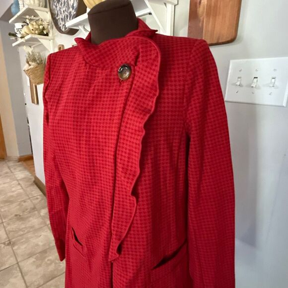 Cabi Celebration jacket womens size medium red houndstooth ruffle collar one but - Picture 2 of 11